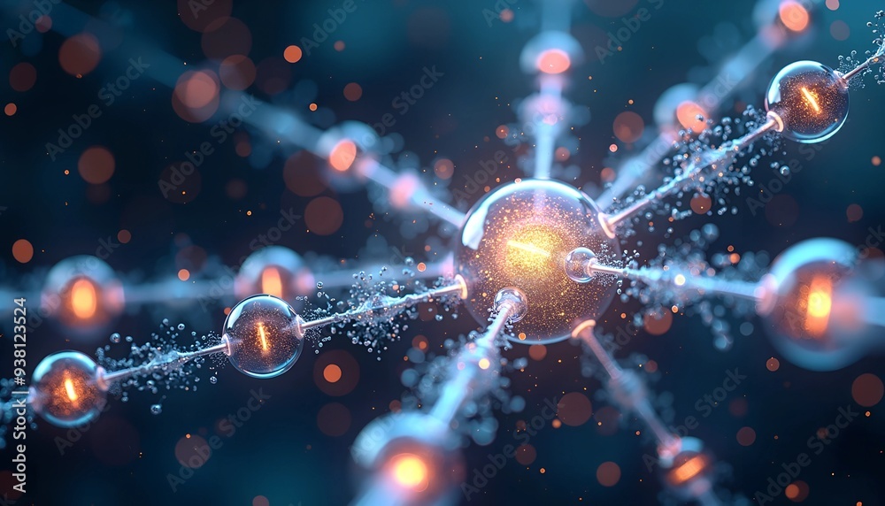 Poster quantum entanglement visualization - interconnected orbs of light with swirling particles and data s