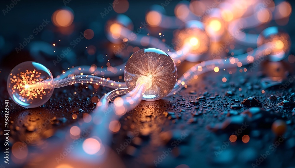 Poster quantum entanglement visualization - interconnected orbs of light with swirling particles and data s