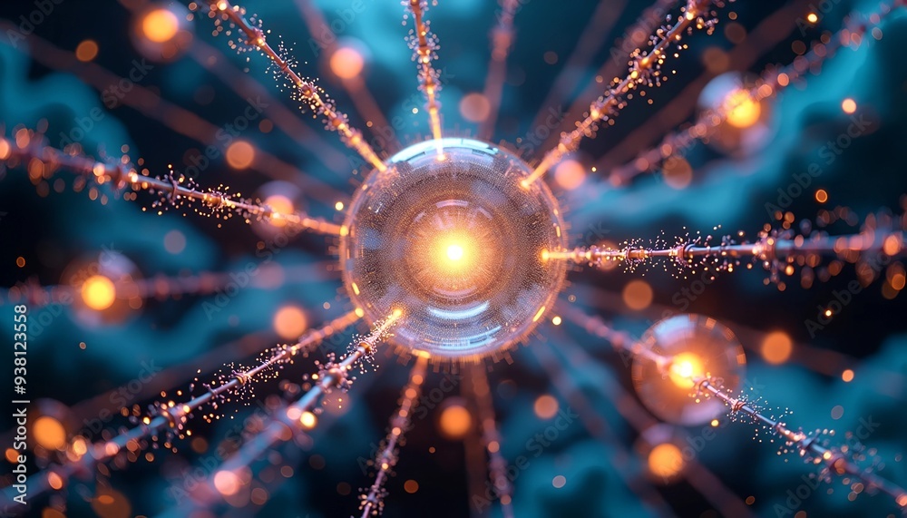 Poster quantum entanglement visualization - interconnected orbs of light with swirling particles and data s