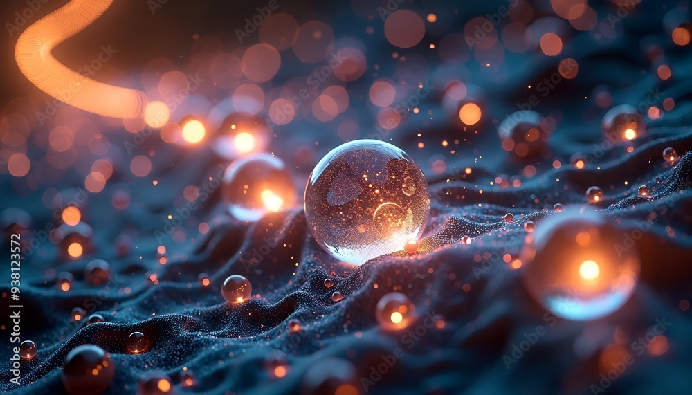 Poster quantum entanglement visualization - interconnected orbs of light with swirling particles and data s