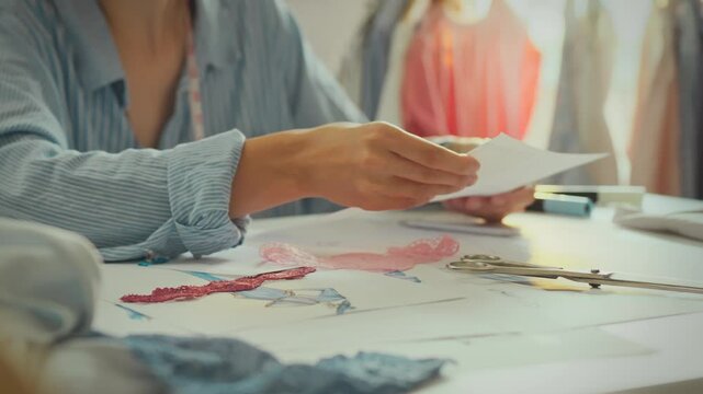 Fashionable girl designer analyzing trends chooses a sketch from paper sketches in a haute couture studio. Designer sorts through various ideas tracks fashion trends and tendencies, handwork