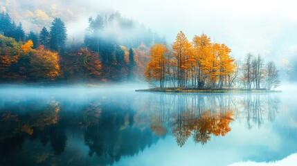 A misty morning by the lake reflects surrounding autumn trees, with fog adding a mystical quality to the tranquil landscape.