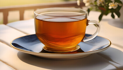 A warm cup of herbal tea sitting on a saucer, gently steaming on a sunlit outdoor table in a serene garden