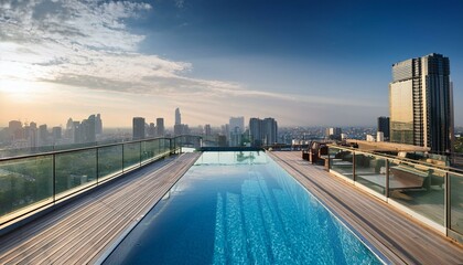 A pool on the roof of a building with a view of the city