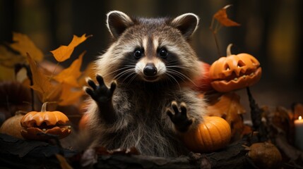 Obraz premium Cute Raccoon Among Pumpkins
