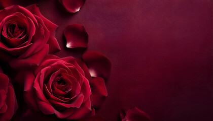 Vibrant red roses with delicate petals arranged against a rich burgundy background, showcasing their natural beauty and elegance