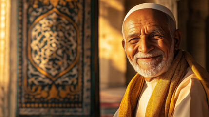Portrait of an old Muslim man in mosque with copy space, golden hour sunlight falling.