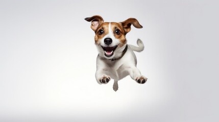 Jack Russell Terrier jumping in the air on white background. Isolate. National dog day, international pet day, national puppy day.