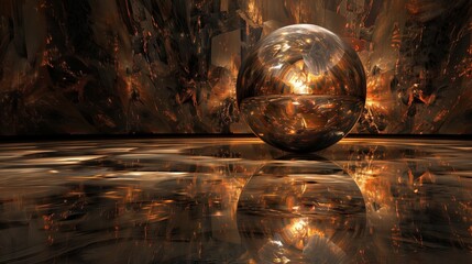 An isolated, metallic orb reflecting a complex, abstract background.