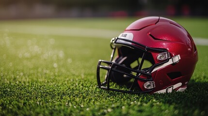 A shiny red football helmet rests on green turf field, symbolizing excitement and intensity of game. 