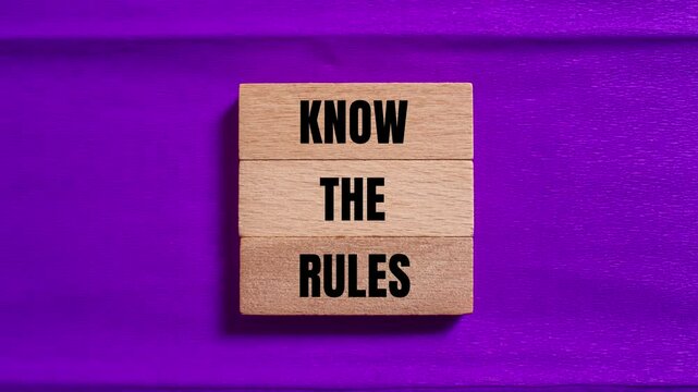 Know the rules message writing on wooden blocks on purple background. Conceptual know the rules symbol.