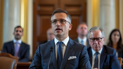 Close-up of an organization representative speaking at a press conference in a government building. A press officer delivers a speech at a summit, with a minister addressing a congress hearing.