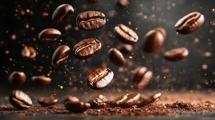 Close-Up View of Coffee Beans Falling on Dark Surface