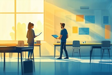 Conceptual illustration of a teacher and student working together in a bright, airy university classroom, with soft light creating a halo effect around them, emphasizing the clarity and focus of