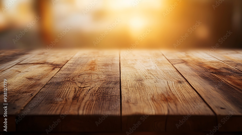 Poster rustic wood table top with soft natural light and warm tones