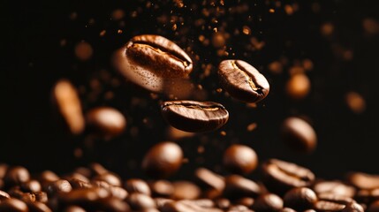 Fototapeta premium Dark Background with Coffee Beans Falling for Product Design