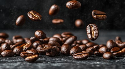 Obraz premium Visual of Coffee Beans Falling on a Black Background for Branding