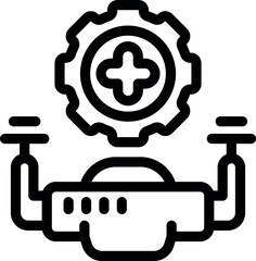 Line vector icon of a drone with a gear and a plus sign, representing a successful operation or a positive outcome