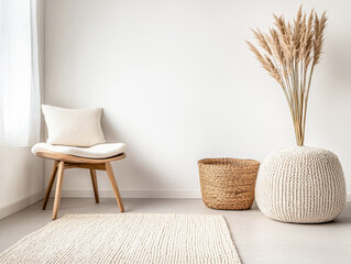 Serene minimalist living room space with cozy textures and natural elements