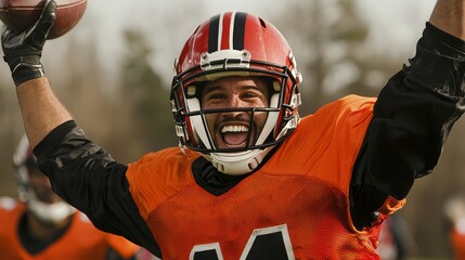 A football player celebrates with joy, wearing an orange jersey and helmet, showcasing excitement and enthusiasm. 