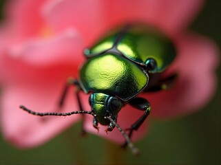 Naklejka premium Close-up of green Rose Chafer beetle on a pink flower