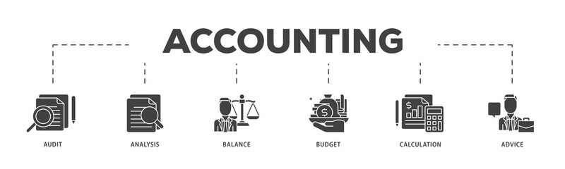 Accounting icon infographic illustration concept with icon of audit, analysis, balance, budget, calculation, and advice icon png and easy to edit 