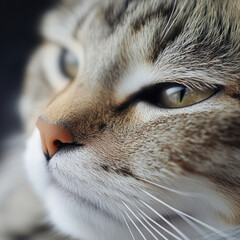 A cat with a green eye stares at the camera. The cat's fur is a mix of brown and white, and its whiskers are long and white. The cat's nose is pink and slightly raised, giving it a curious