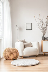 Serene minimalist living room space with cozy textures and natural elements