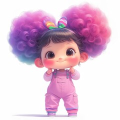 A cute cartoon girl with pink overalls and fluffy rainbow hair stands with a happy expression.