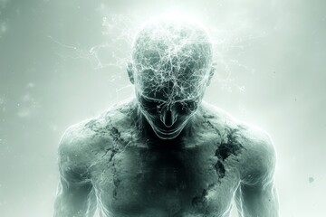 Abstract Depiction of a Human Figure with Glowing Neural Networks Representing the Intersection of Technology and Human Cognition in a Futuristic Setting