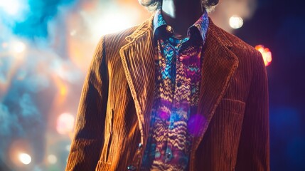 Vintage-style portrait of a man in a corduroy jacket with vibrant lighting and bokeh background, highlighting retro fashion.