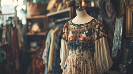 Obraz premium Vintage dress on mannequin in an antique shop with racks of clothes and eclectic decor in the background.