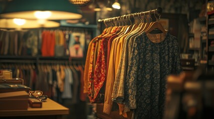 Obraz premium Vintage clothing store with various colorful garments on wooden hangers, showcasing unique fashion styles in a cozy atmosphere.