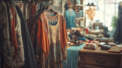 Vintage clothing store with a variety of bohemian fashion items, colorful dresses, and eclectic decor for a unique shopping experience.