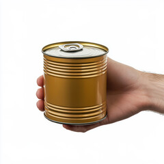 A person is holding a can of food. The can is made of metal and has a label on it