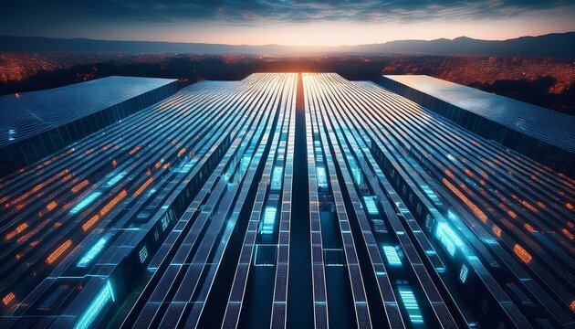 Aerial drone footage of a massive,futuristic computer server farm with powerful data processing and storage infrastructure