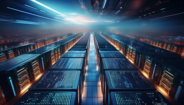 Aerial drone footage of a massive,futuristic computer server farm with powerful data processing and storage infrastructure