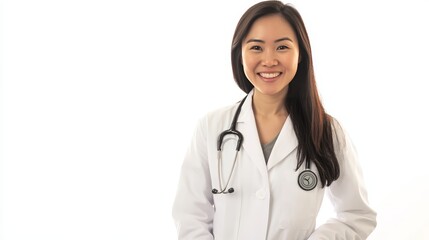 Fototapeta premium A pretty smiling Asian doctor, a young woman in a white coat