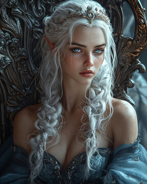 a wise elf queen with braided silver hair seated on an intricate dark throne, wearing a luxurious gown and a delicate silver crown, looking serene