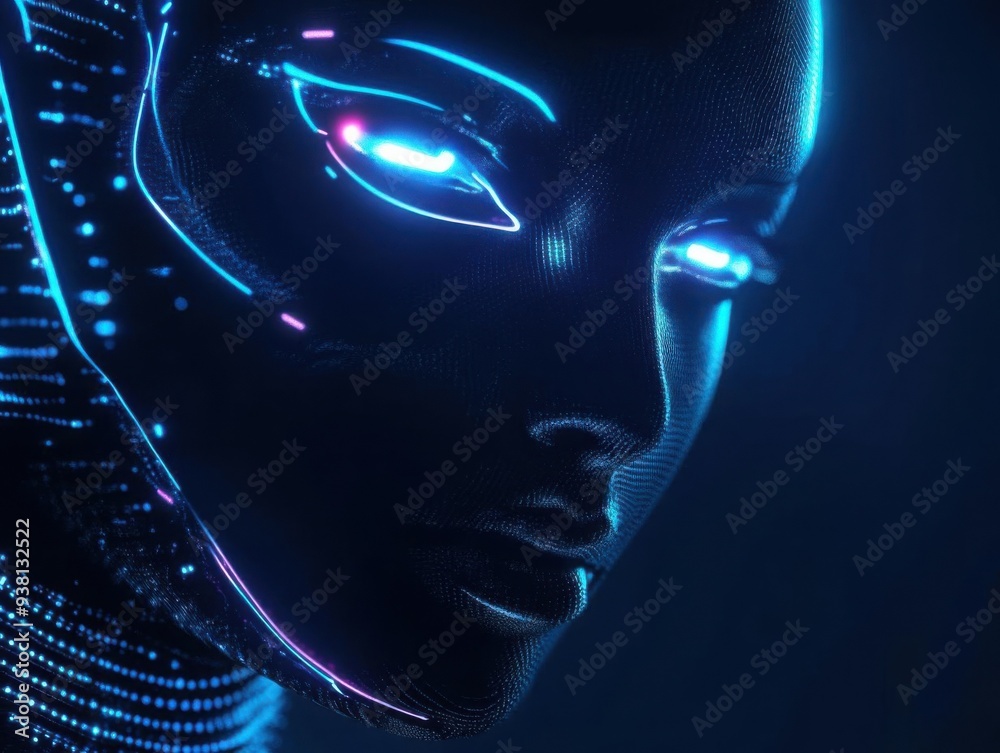 Wall mural abstract ai robot face with glowing neon eyes futuristic dark blue tech background