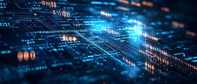 
A flat vector illustration of a coding concept, deep blue theme, technology background, code snippets flowing across, binary codes integrated into the design, subtle glow effects, dark blue tones