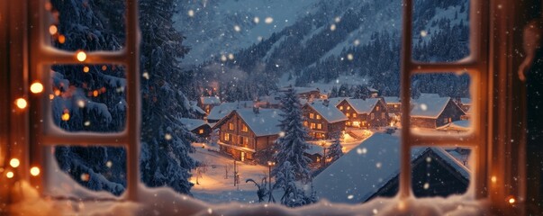 A cozy mountain village view through a snowy window with warm lights creating a serene and picturesque winter scene