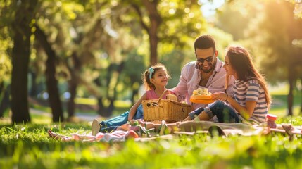A diverse family enjoying a picnic in a sunny park with lush greenery. They are sitting on a blanket, sharing food from a basket, and smiling, creating a warm and joyful scene.