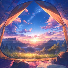 View of the serene landscape from inside a tent. Camping at campsite with sleeping bags. Stunning sunrise，AI-Generated Anime-Style Adventure Scene. Cozy Sleeping Bag in Tranquil Forest Campsite. Dream
