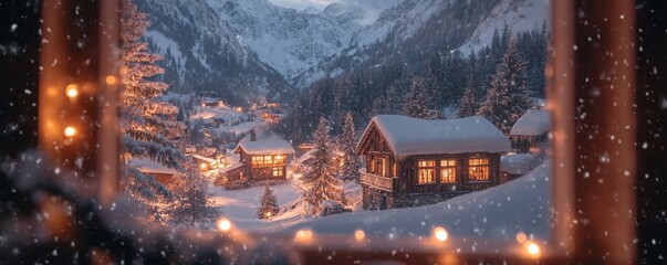 A cozy mountain village view through a snowy window with warm lights creating a serene and picturesque winter scene