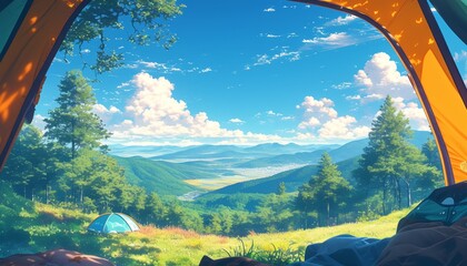 View of the serene landscape from inside a tent. Camping at campsite with sleeping bags. Stunning sunrise，AI-Generated Anime-Style Adventure Scene. Cozy Sleeping Bag in Tranquil Forest Campsite. Dream