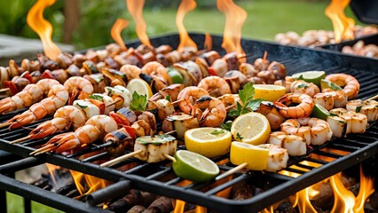 seafood shish kebab on the grill