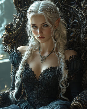 a serene elf princess with long silver hair seated on a dark ornate throne, wearing an intricately detailed black gown and a delicate silver crown, gazing peacefully