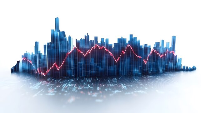Urban financial data integration with bar charts and a red line graph overlaying a cityscape