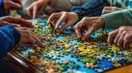Group of seniors working together to solve a jigsaw puzzle, enjoying their leisure time with a stimulating activity. Concept of active aging, community, and cognitive health.